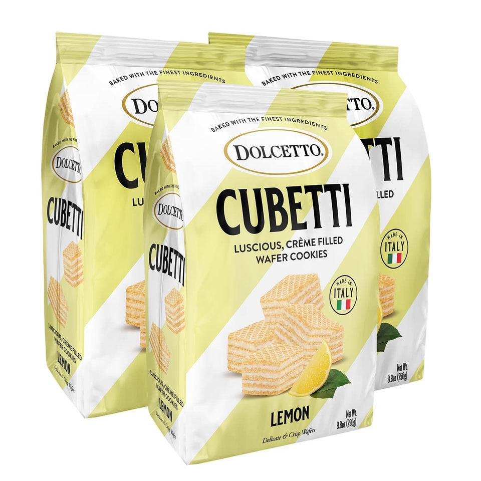Dolcetto Cubetti lemon cream wafers in packaging, ideal for gifting and entertaining.
