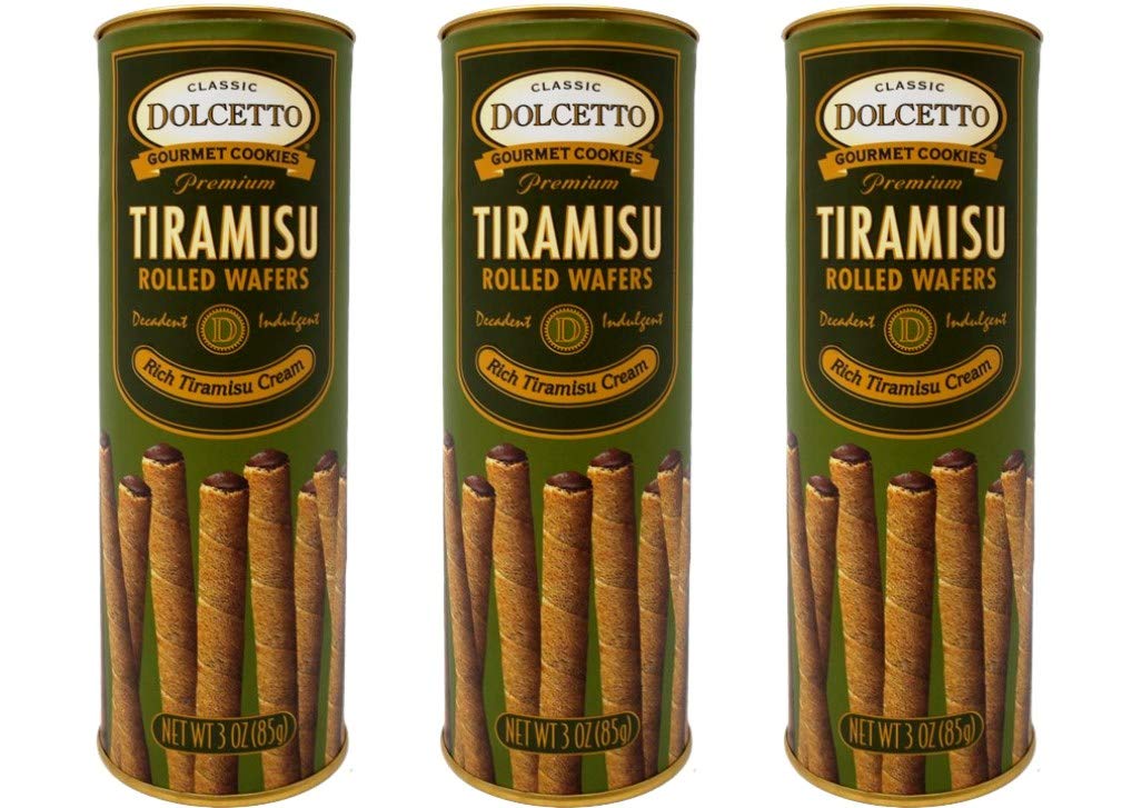 Dolcetto premium cream filled rolled wafers with tiramisu flavor, a creamy treat for coffee breaks.