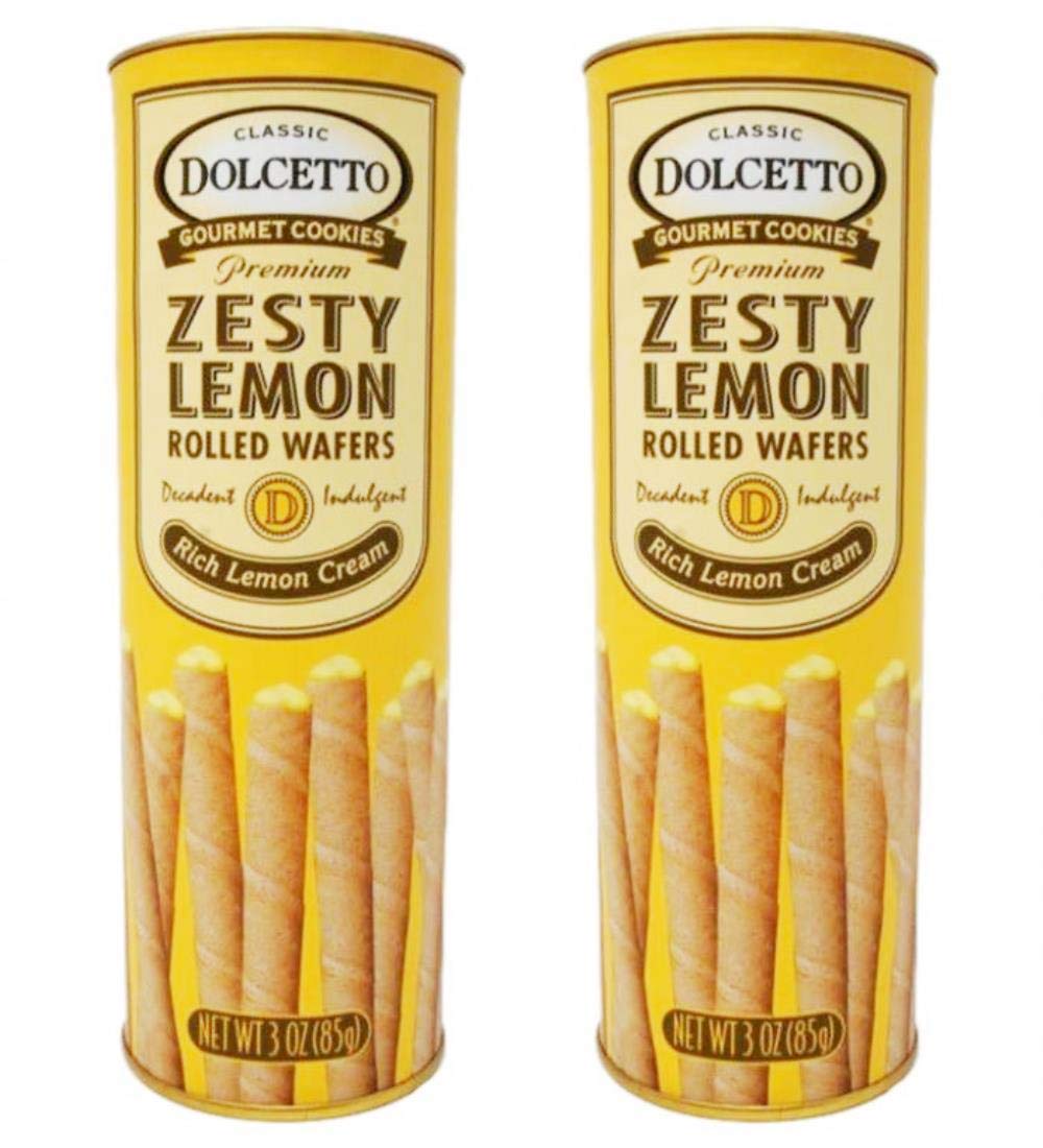 Dolcetto Zesty Lemon Rolled Wafers—two 3 oz packs, convenient snacking.