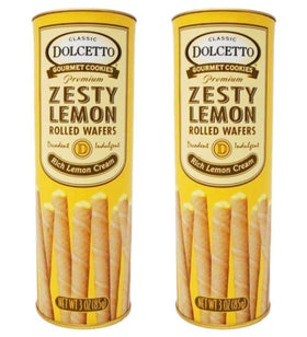 Dolcetto Zesty Lemon Rolled Wafers—two 3 oz packs, convenient snacking.