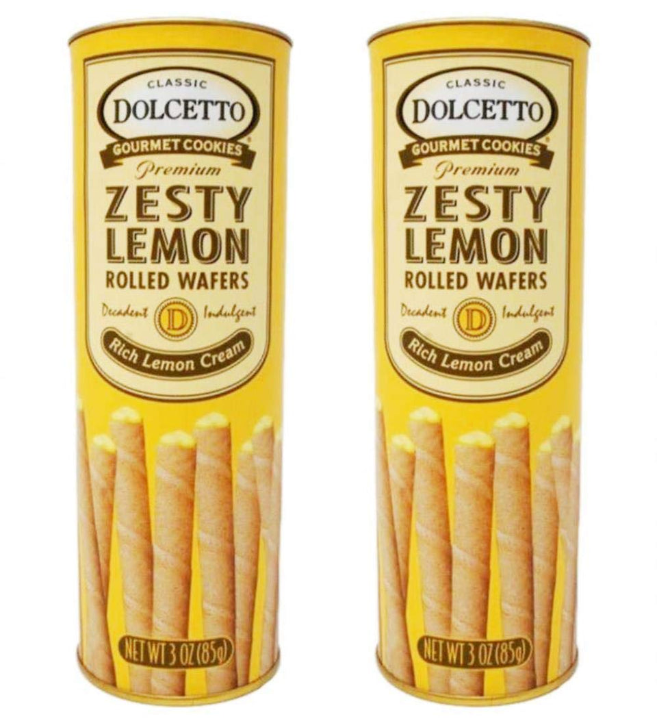 Dolcetto Zesty Lemon Rolled Wafers—two 3 oz packs, convenient snacking.