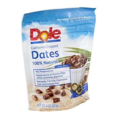 Dole California chopped dates pack-4 for a convenient, energizing snack with natural sweetness.