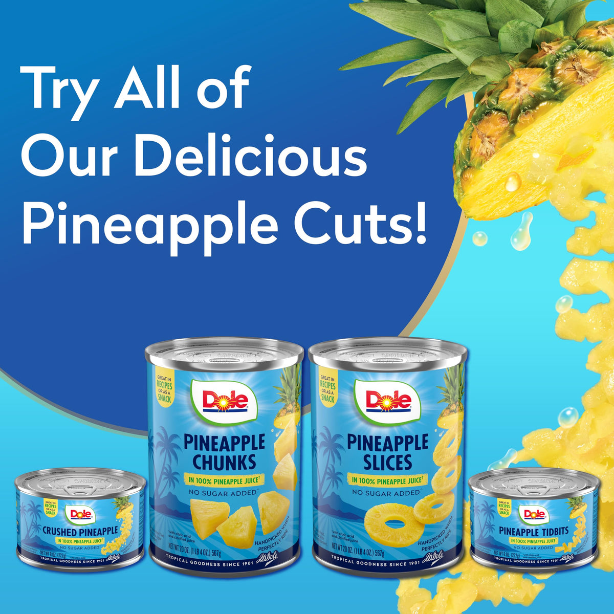 Dole Crushed Pineapple cans on a pantry shelf for easy access.