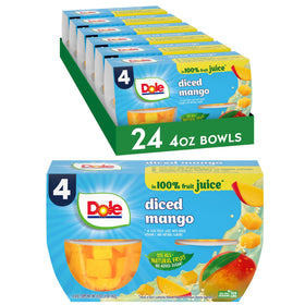 Dole diced mango in juice close-up, bright chunks ready-to-eat for snacking.