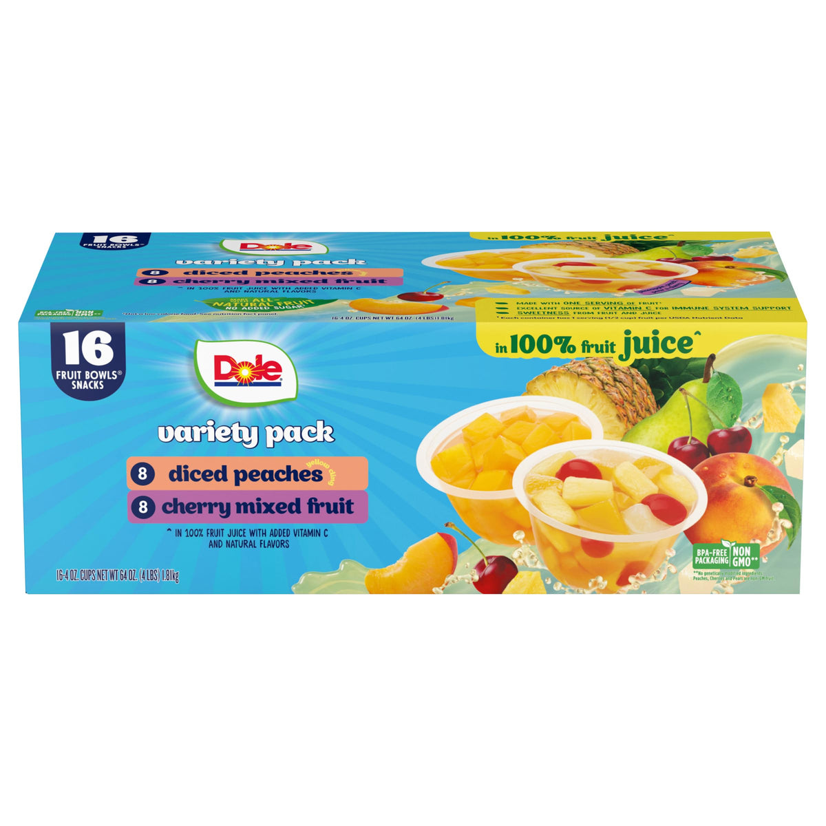 Dole diced peaches and cherry mixed fruit in juice bowl ready to enjoy