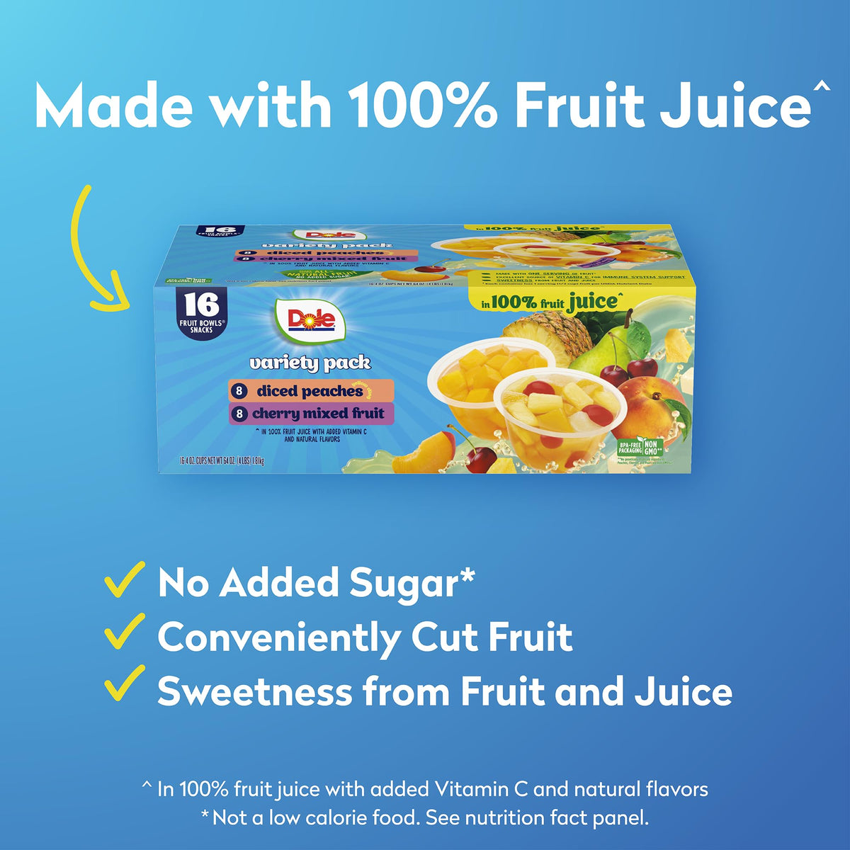 Chilled serving suggestion showing Dole Diced Peaches and Cherry Mixed Fruit