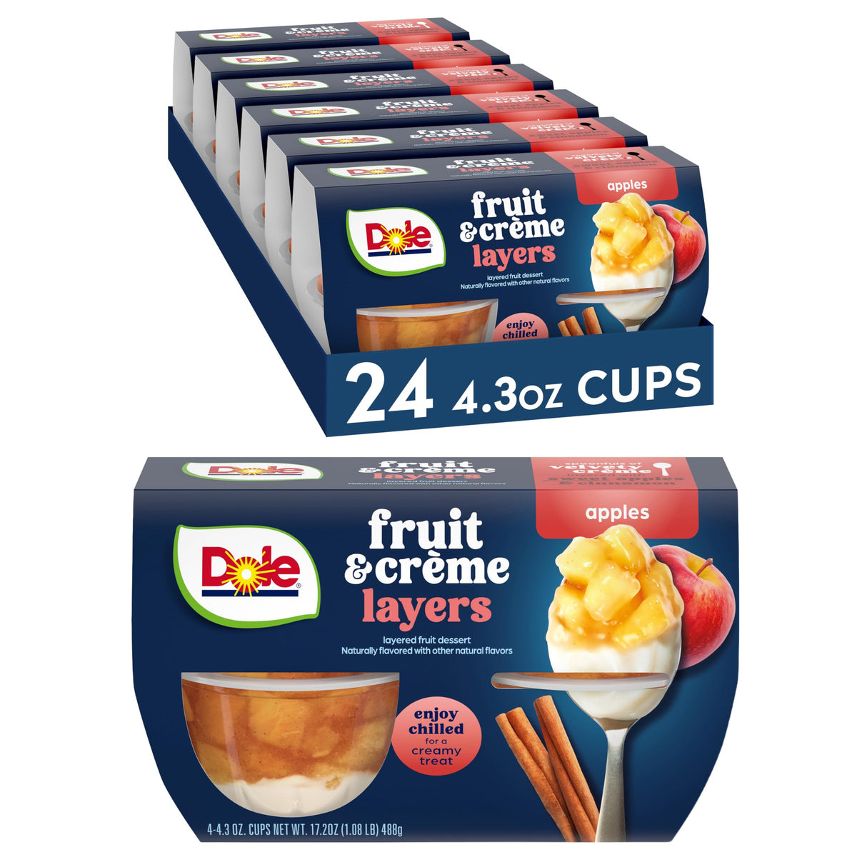 Dole Apple & Creme Parfait cup shows real fruit and a creamy layer, gluten-free.