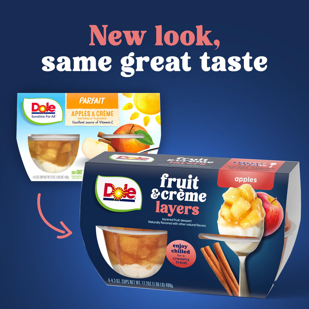 Dole Apple & Creme Parfait cup ready-to-serve, shelf-stable and convenient for busy days.