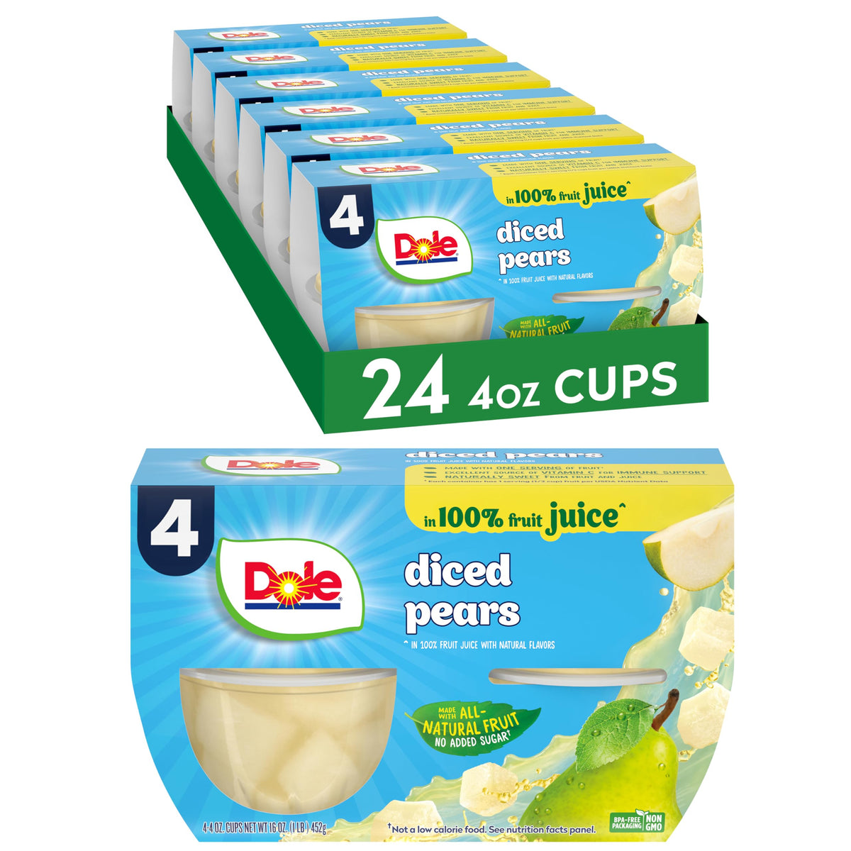 Dole Fruit Bowls: diced pears in 100% juice for a refreshing, bite-sized snack.