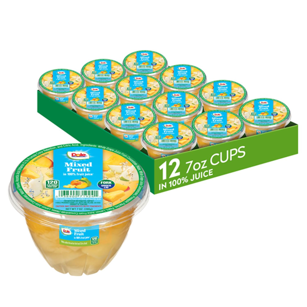 Dole Fruit Bowls Mixed Fruit in 100% Juice, perfect for quick, refreshing snack breaks.