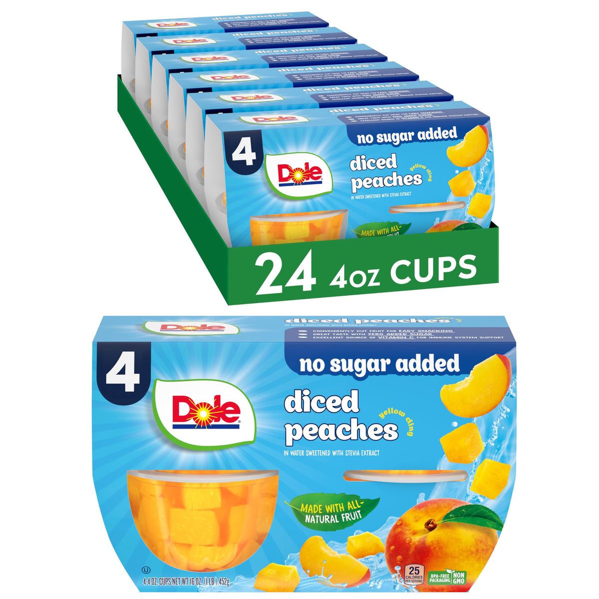 Dole Fruit Bowls: diced peaches in water, no sugar added; convenient snack.