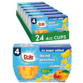 Dole Fruit Bowls: diced peaches in water, no sugar added; convenient snack.