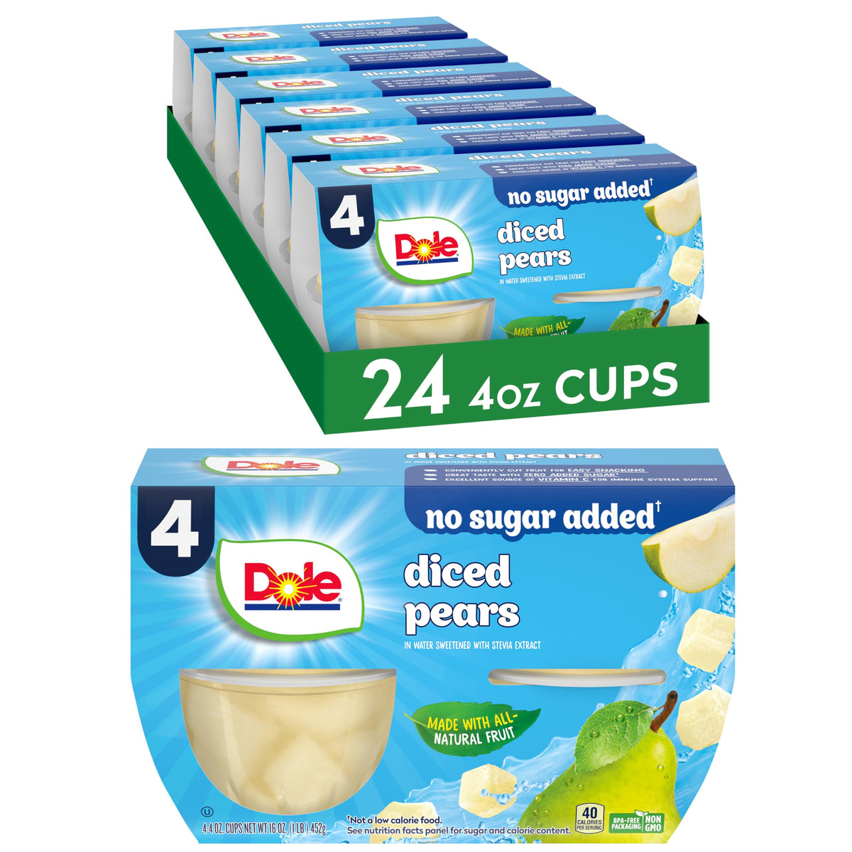 Dole Fruit Bowls No Sugar Added with diced pears in cups for a grab-and-go vitamin C boost.