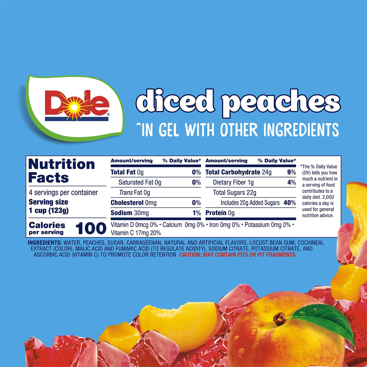 Dole Fruit Bowls peaches bowl open revealing gel-coated fruit.