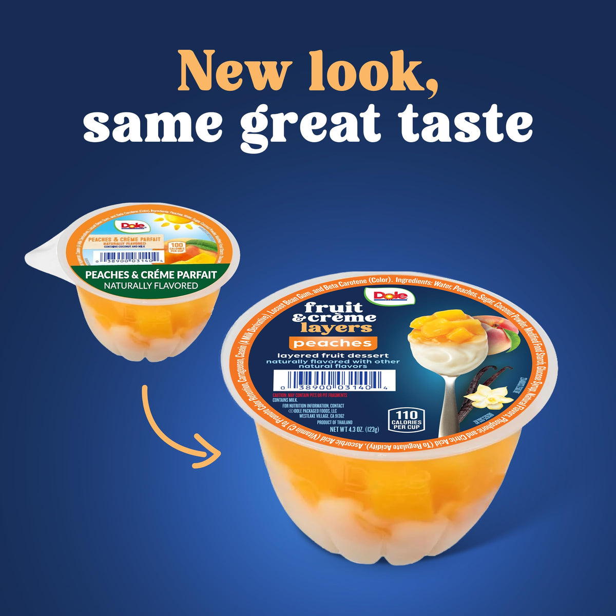 DOLE peaches creme layers cup with lid open: convenient single-serve dessert for busy days.