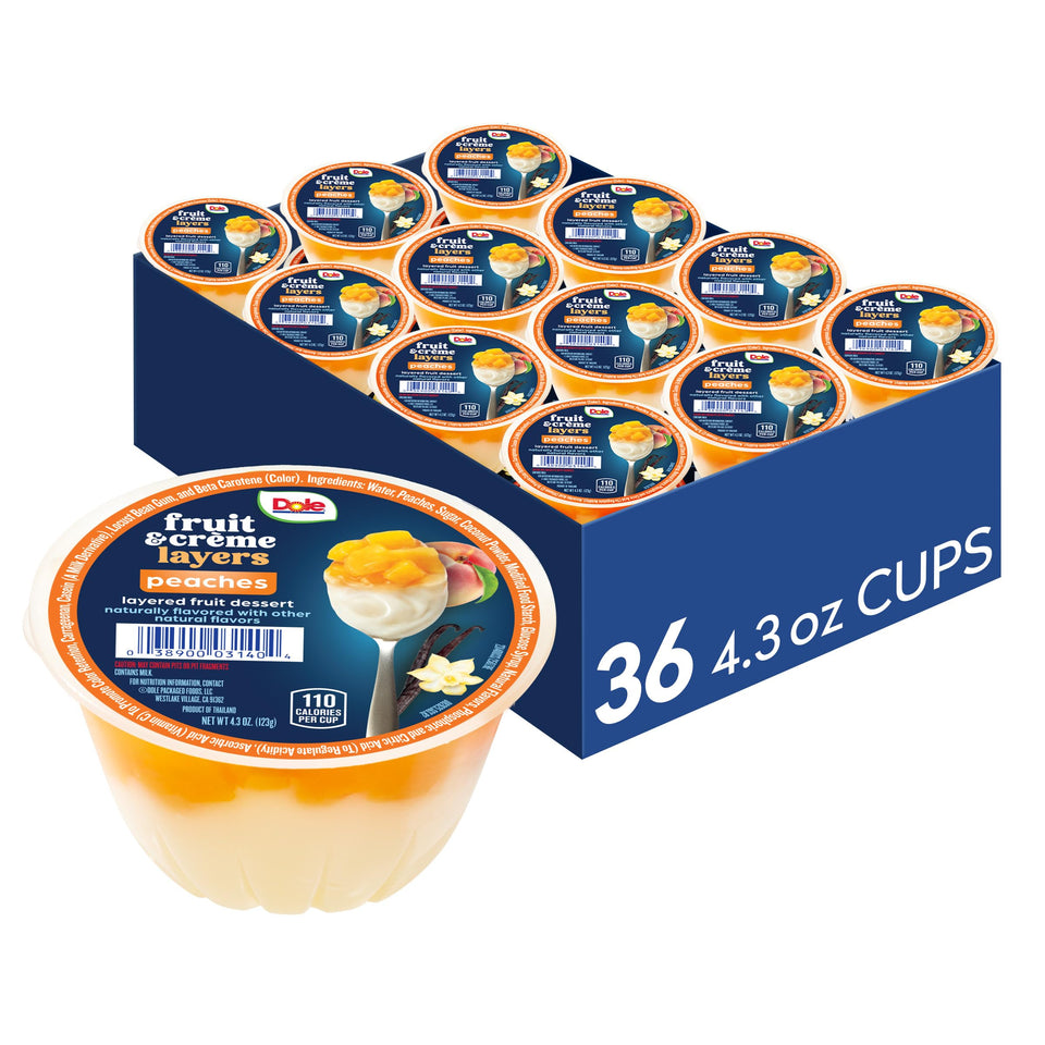 DOLE peaches creme layers bowl: vanilla creme with peaches, perfect on-the-go snacking.
