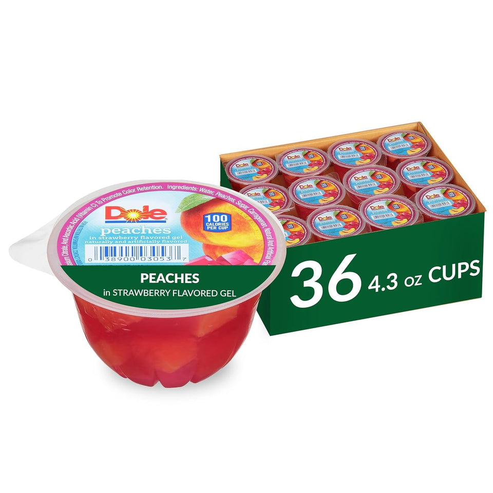Dole Fruit Bowls peaches in strawberry gel cups—refreshing lunchbox snack