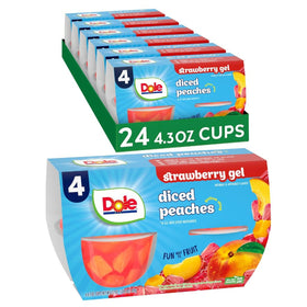 Dole Fruit Bowls peaches in strawberry gel packaging for quick on-the-go lunches.