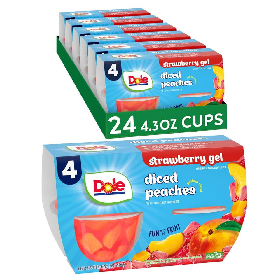 Dole Fruit Bowls peaches in strawberry gel packaging for quick on-the-go lunches.
