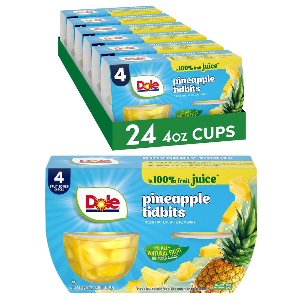 Dole Pineapple Tidbits in Juice Cups offer easy, natural sweetness for quick snacking.