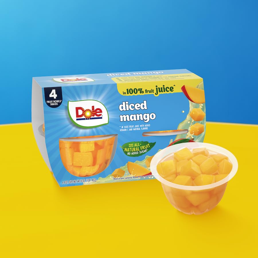 Fridge display of Dole fruit bowls highlights a chilled, ready snack.