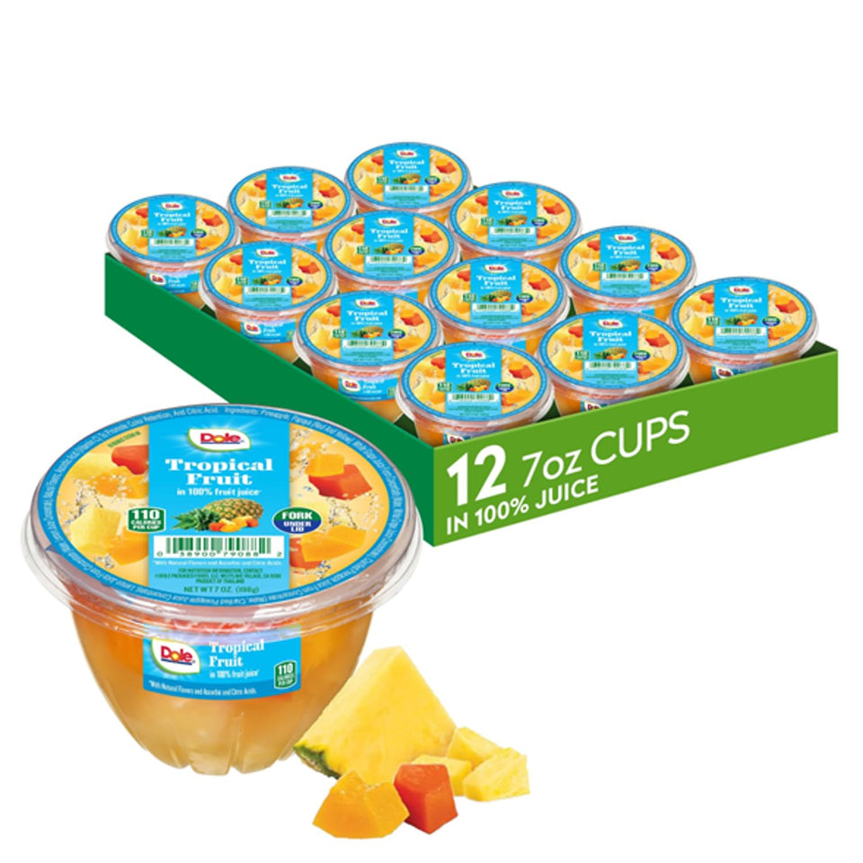 Dole Fruit Bowls tropical fruit in 100% juice, naturally sweet and ready to eat.