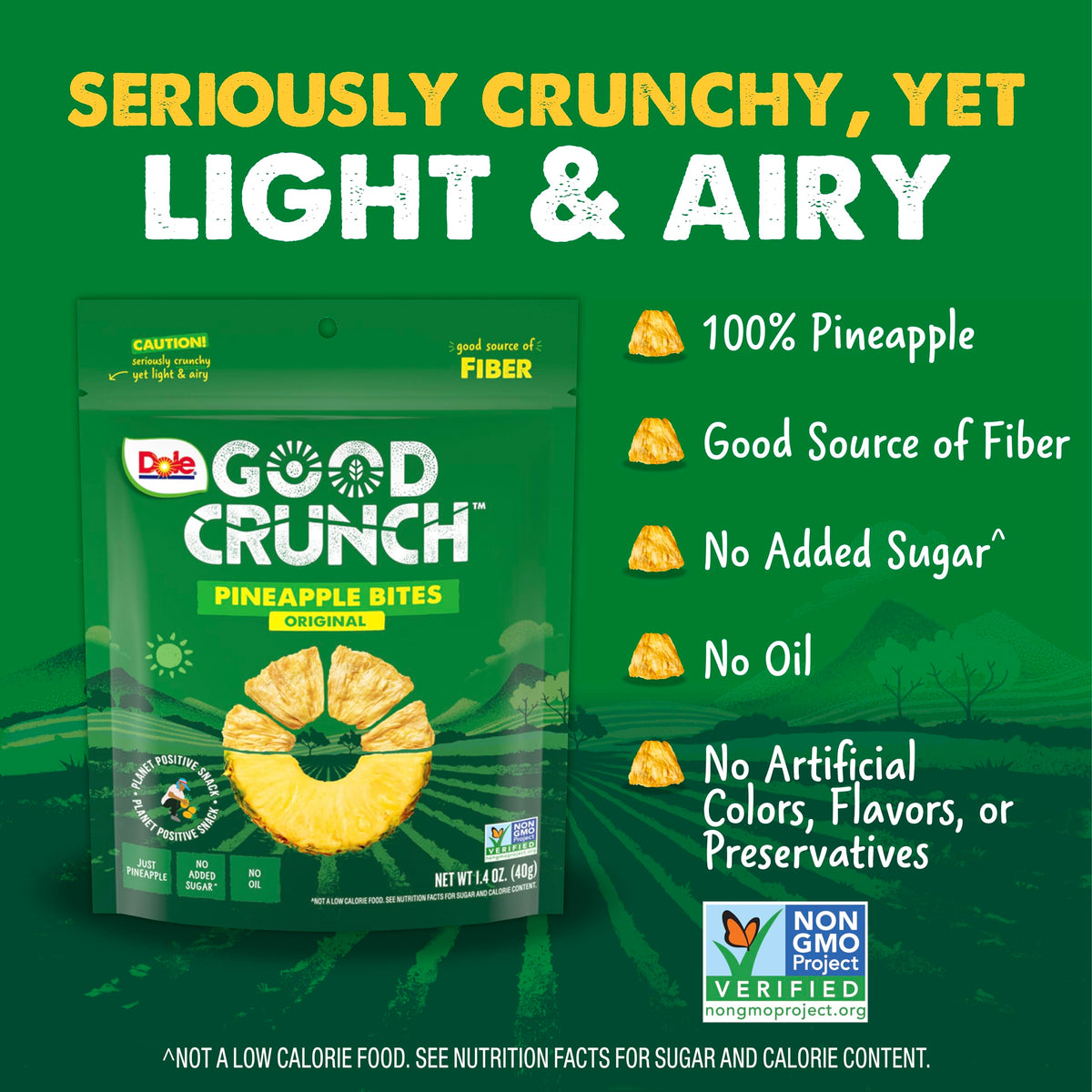 Dole Good Crunch Pineapple Bites crispy texture highlights light and airy chips.