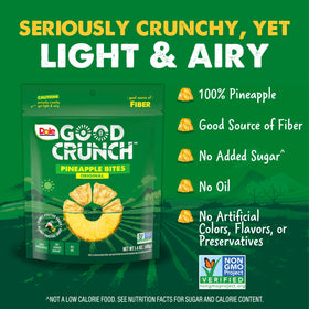 Dole Good Crunch Pineapple Bites crispy texture highlights light and airy chips.