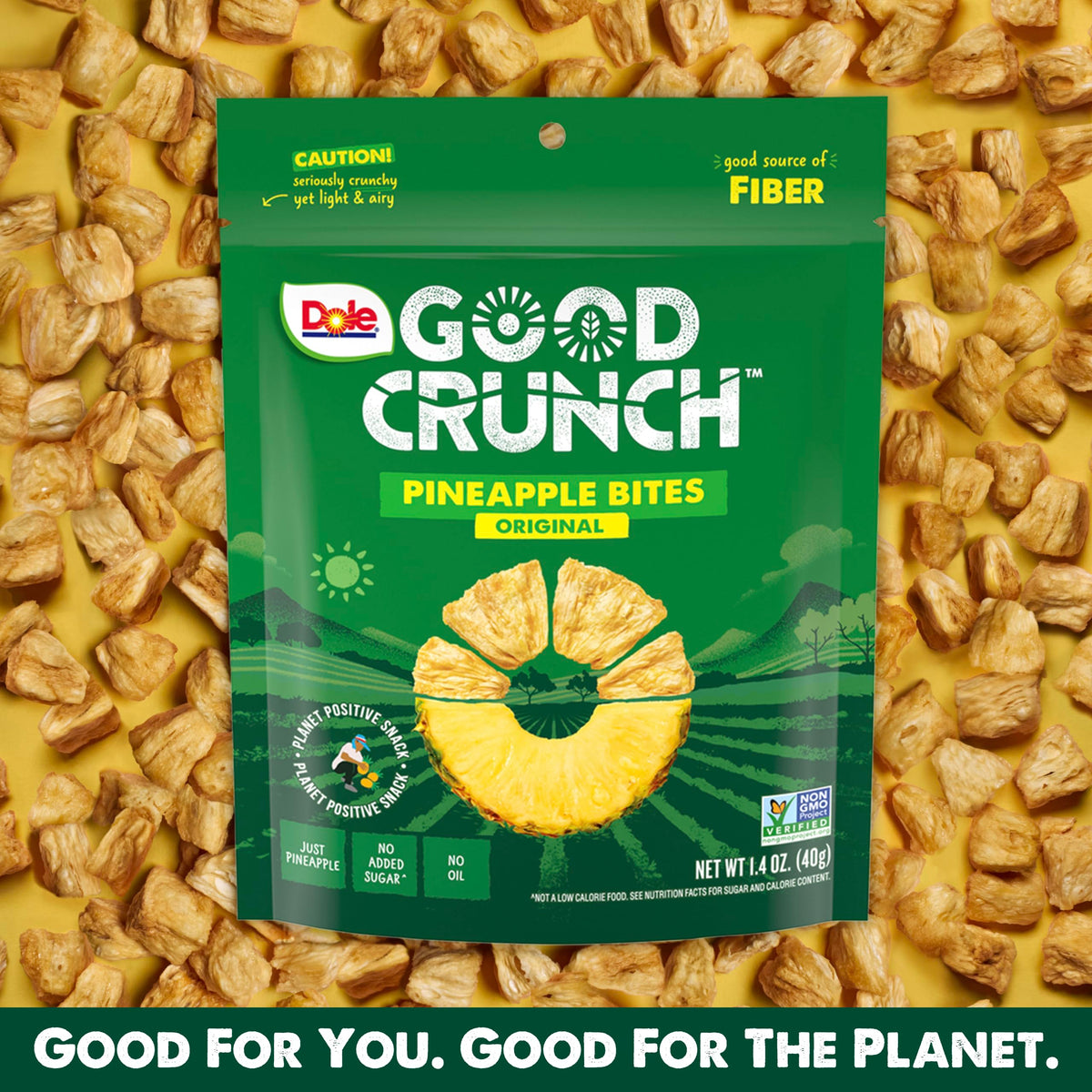 Dole Good Crunch Pineapple Bites crafted with solar energy and upcycled fruit.