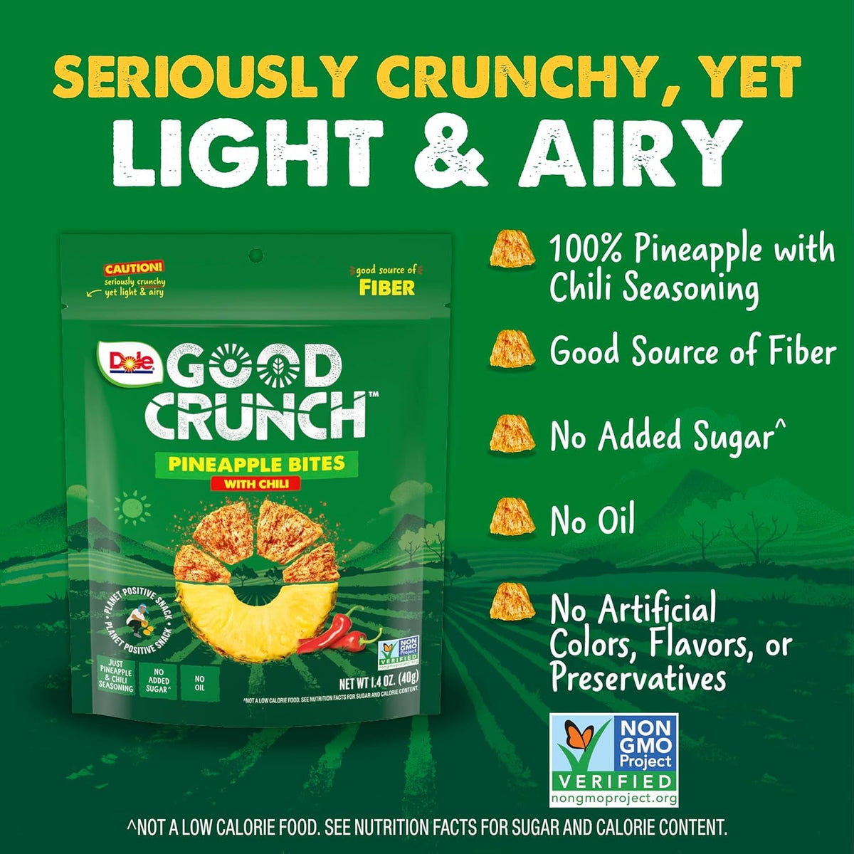 Dole Good Crunch Pineapple Chili Bites close-up reveals bright pineapple and chili flecks.