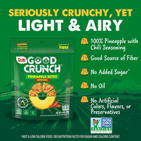Dole Good Crunch Pineapple Chili Bites close-up reveals bright pineapple and chili flecks.