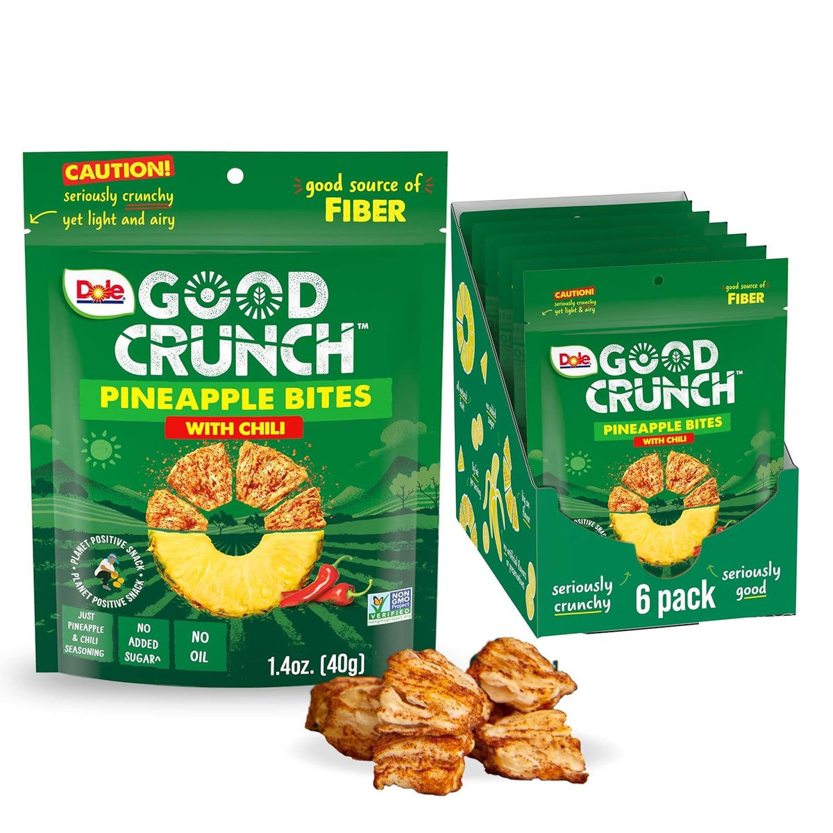 Dole Good Crunch Pineapple Chili Bites pack on the go in a resealable gluten-free bag.