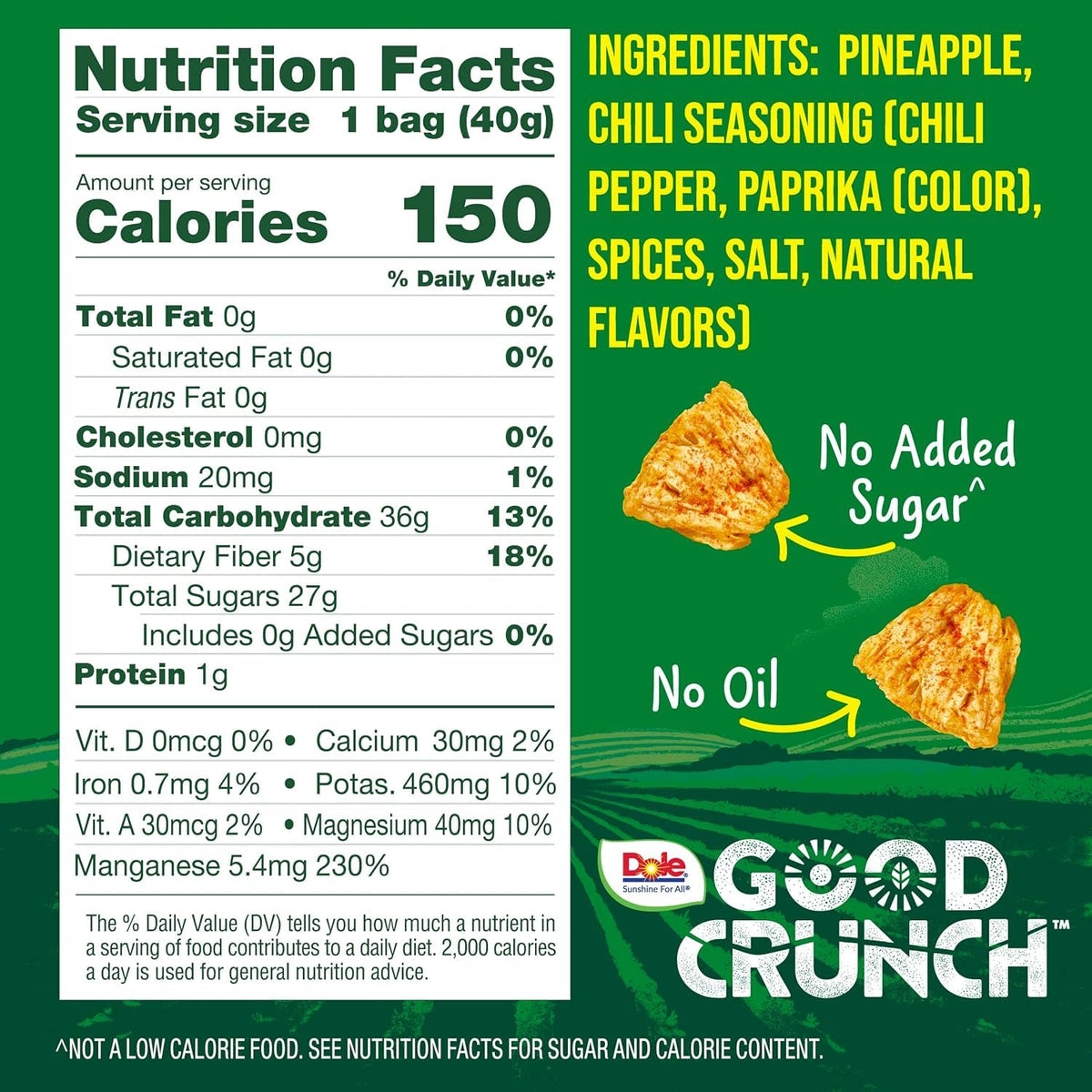 Dole Good Crunch Pineapple Chili Bites resealable pouch for convenient, on-the-go snacking.