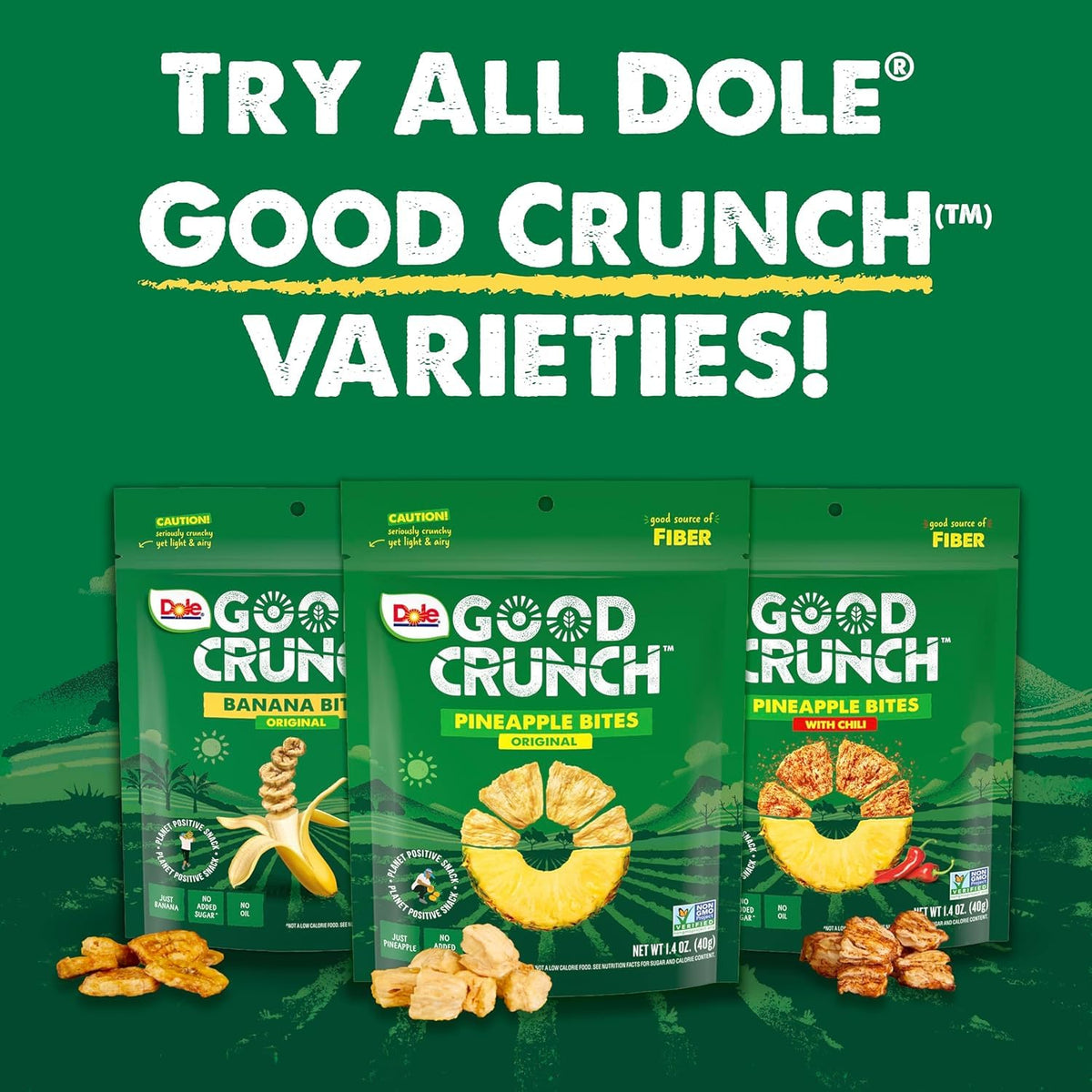 Dole Good Crunch Pineapple Chili Bites produced with sustainable farming and upcycling.