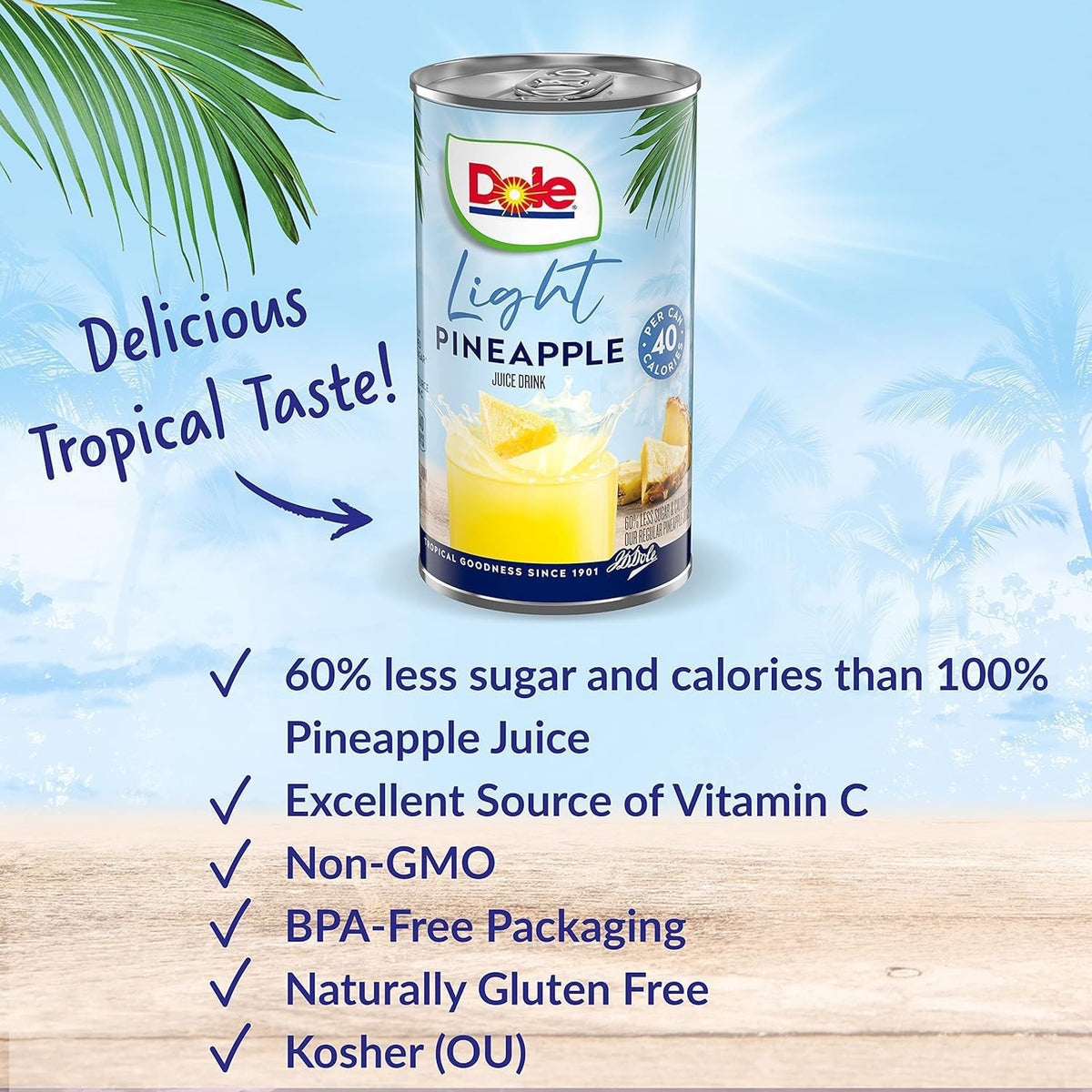 Dole Light Pineapple Juice label highlights no added sugar and calories