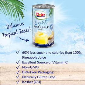 Dole Light Pineapple Juice label highlights no added sugar and calories