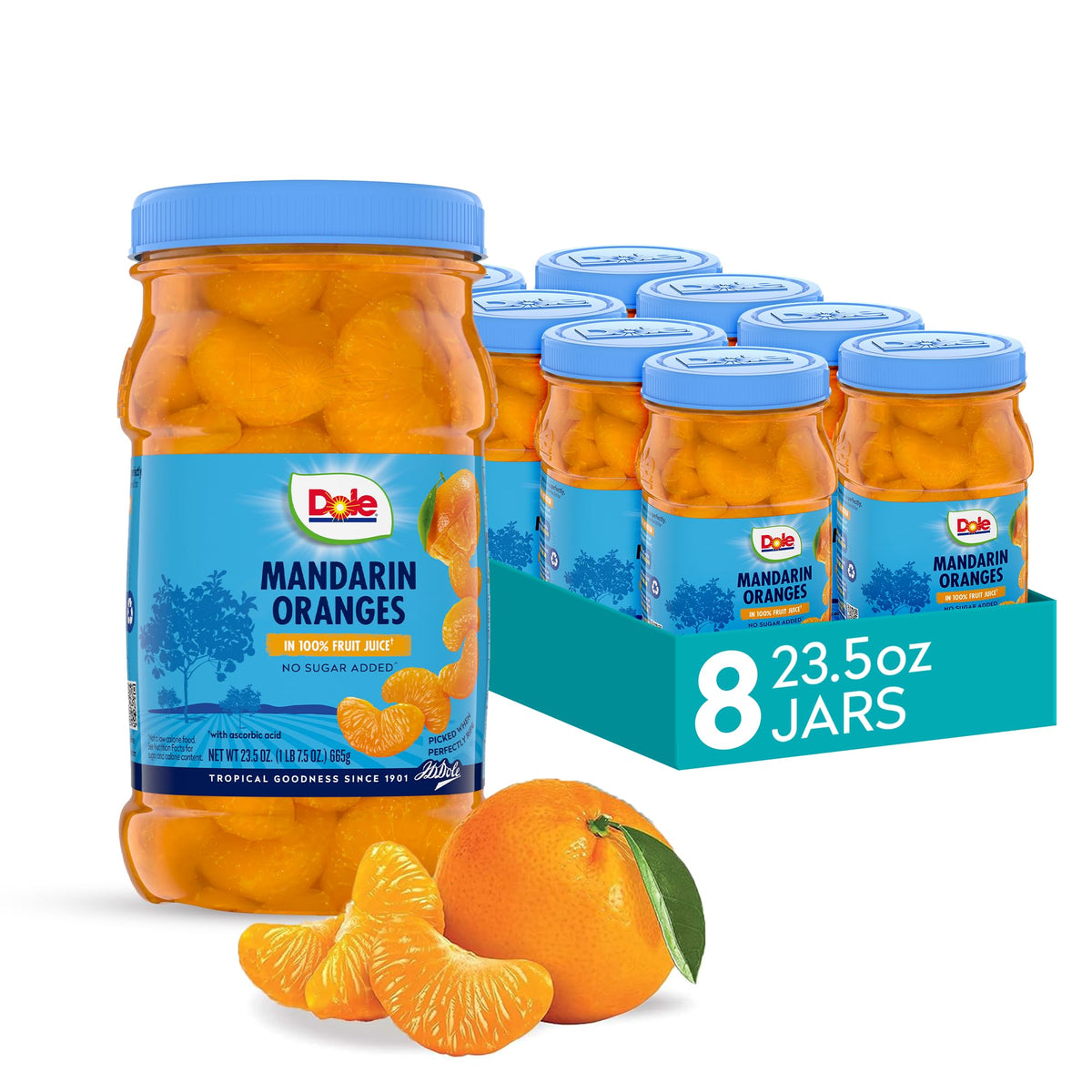 Dole mandarin oranges in 100% juice jar, ready-to-eat snack option.