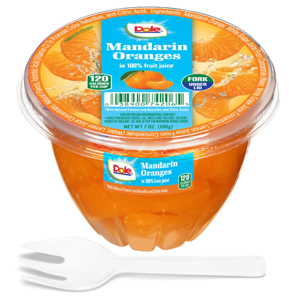 Dole Mandarin Oranges close-up, bright citrus segments for snacking.