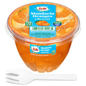 Dole Mandarin Oranges close-up, bright citrus segments for snacking.