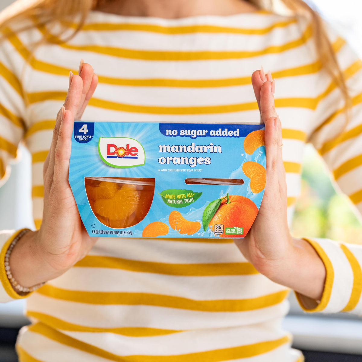 Dole no sugar added mandarins—juicy segments ideal for kid-friendly lunches.