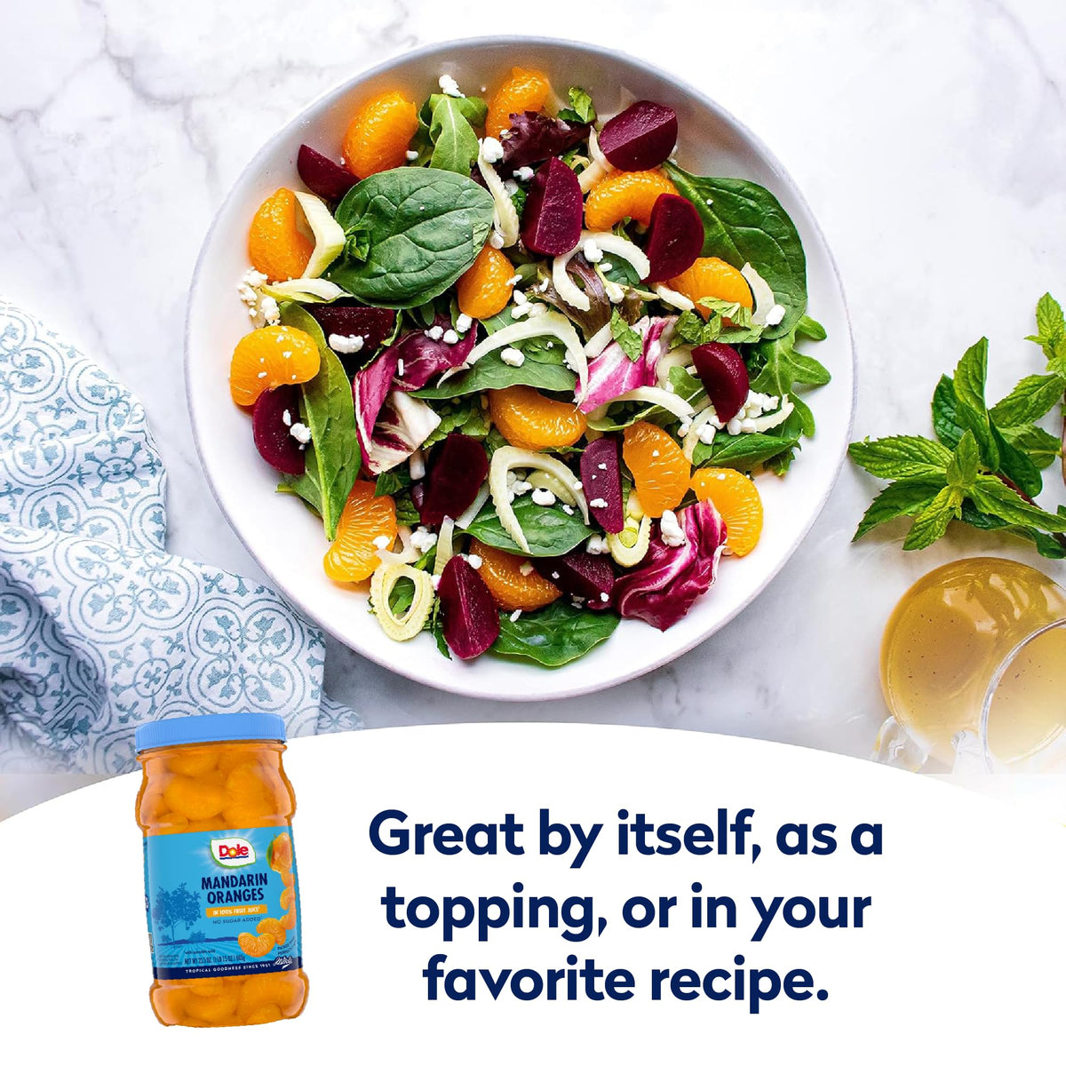 Dole mandarin orange slices used as topping on yogurt, salads, or desserts.