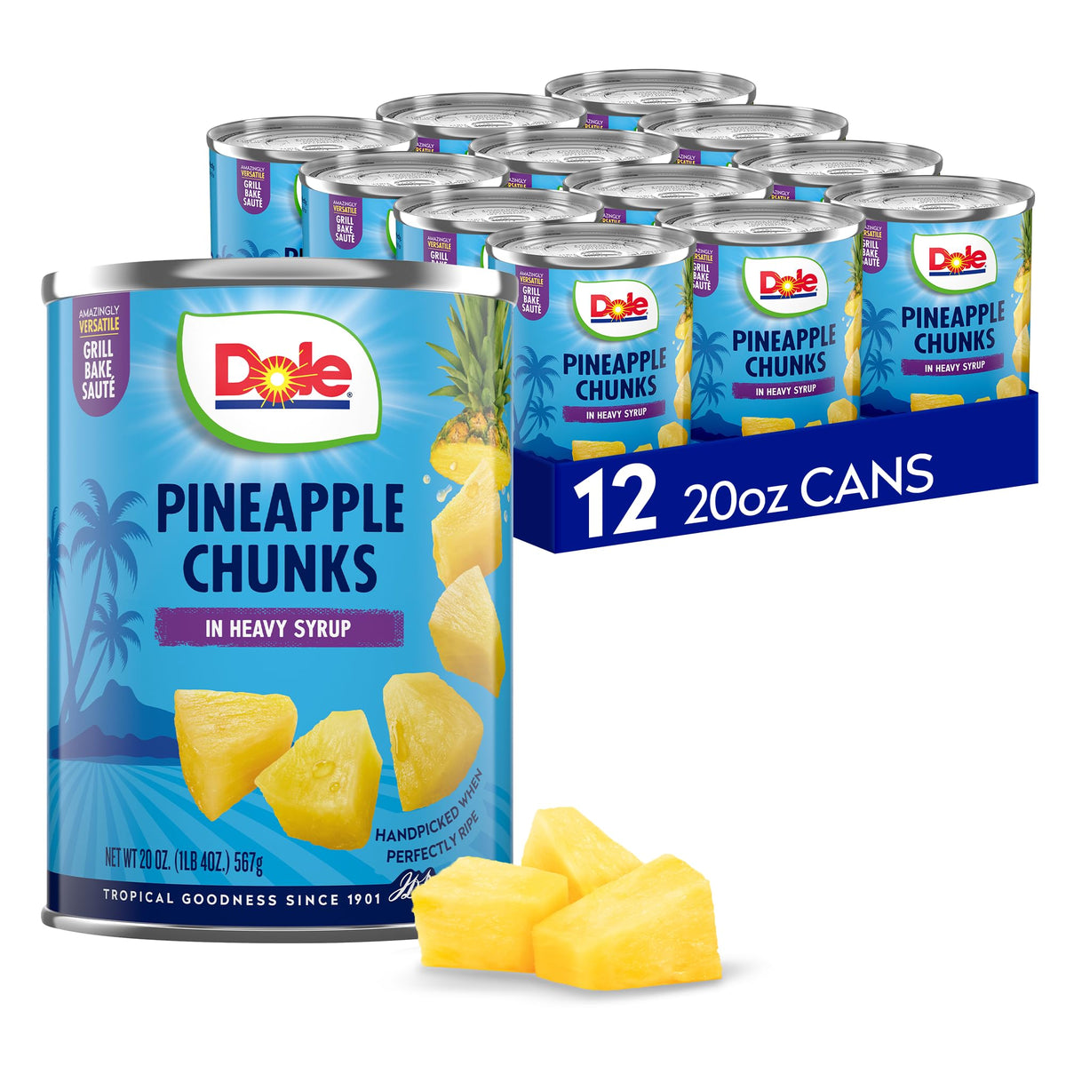 Dole Pineapple Chunks in heavy syrup front label can for quick pantry snacking.