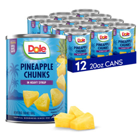 Dole Pineapple Chunks in heavy syrup front label can for quick pantry snacking.
