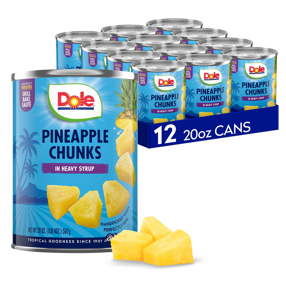 Dole Pineapple Chunks in heavy syrup front label can for quick pantry snacking.