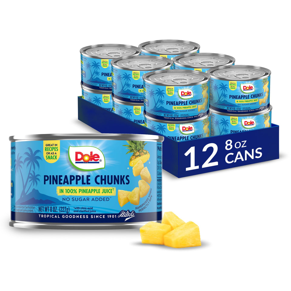 Dole Pineapple Chunks in juice can for quick, ready-to-eat tropical snack.