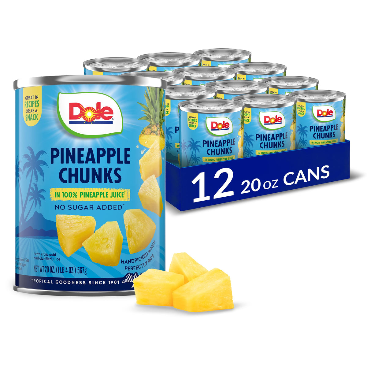 Dole pineapple chunks in juice, ready-to-eat snack with natural Vitamin C.
