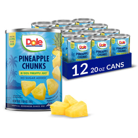 Dole pineapple chunks in juice, ready-to-eat snack with natural Vitamin C.
