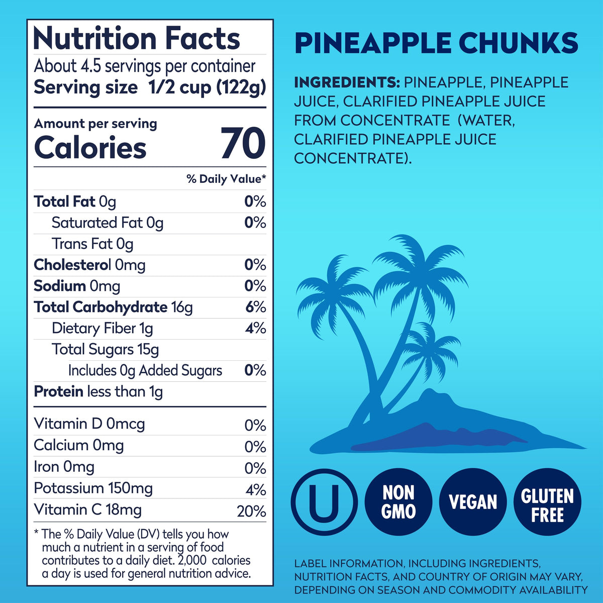 Dole pineapple chunks in juice, great for smoothies and desserts.