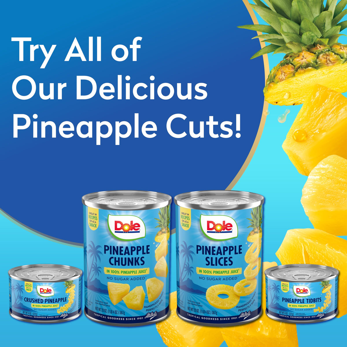 Dole Pineapple Chunks stacked-pack for pantry-friendly snacking convenience.