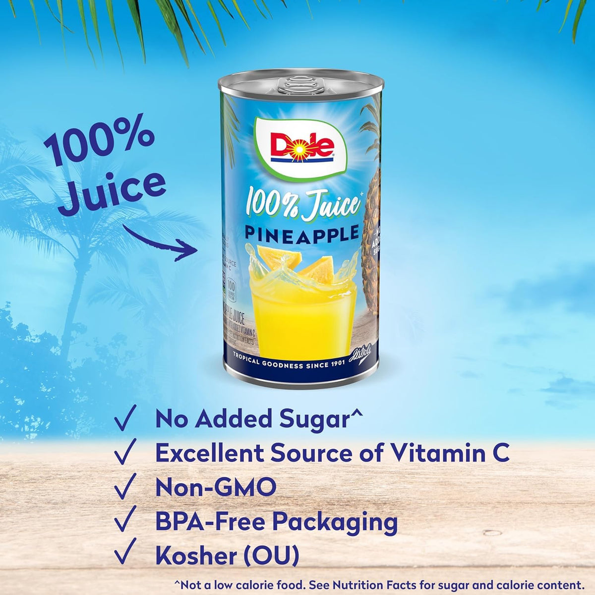Dole pineapple juice label close-up emphasizes no added sugar